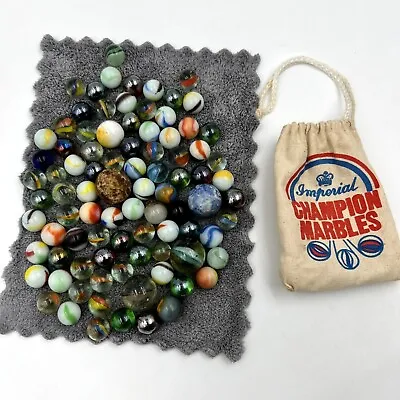Vintage Marble Lot Of 89 And Imperial Champion Marbles Canvas Drawstring Bag • $19.49
