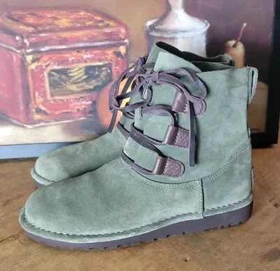 New Ugg Elvi Olive Green Suede Ankle Boots Flat Lace Up Casual 7 Womans Mukluks • $100.80