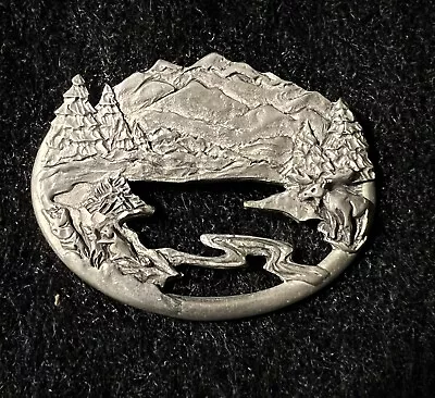 VINTAGE PEWTER Brooch Pin WITH MOUNTAINS Moose AND BEAVER At A River • $25