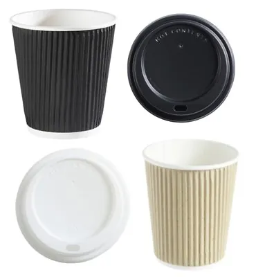 Black / Kraft Brown Bio Triple Ripple Wall Paper Cups & Lids - Takeaway Coffee • £10.75