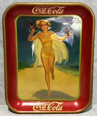 Vintage 1937 Running Girl Coca-Cola Serving Tray Yellow Bathing Suit On Beach • $125