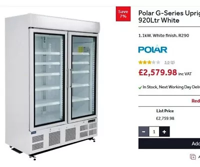 £1499 • Buy Polar Upright Display Double Door Freezer 920 Litre White - GH507 Catering
