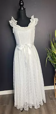 Vintage 70's White Lace Wedding Dress Cottagecore Prairie Faux Pearl Ribbon Sash • $99.98