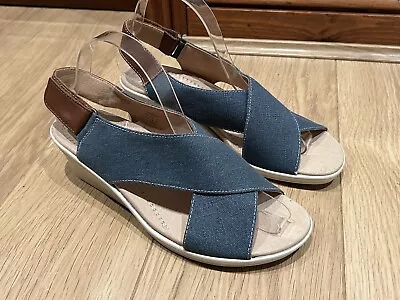 £20 • Buy New Hotter “Jasmine” Womens Wedge Sandals UK Size 6 In Denim Blue/Brown Leather