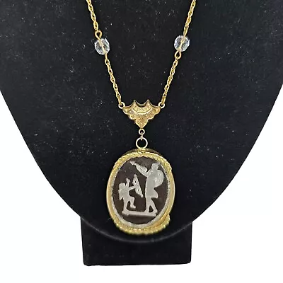 Vintage Goldette Necklace Glass Intaglio Cameo Apollo Cupid Costume Jewelry  • $53.99