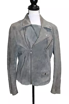 H &M Suede Leather Distressed Moto Biker Jacket Gray Grey Lined Size 40 Womens S • $39.99