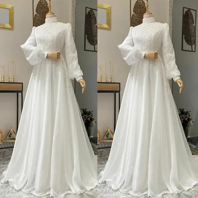 High Neck Wedding Dresses Muslim Long Sleeves Chiffon Lace Appliques Bridal Gown • $137.07