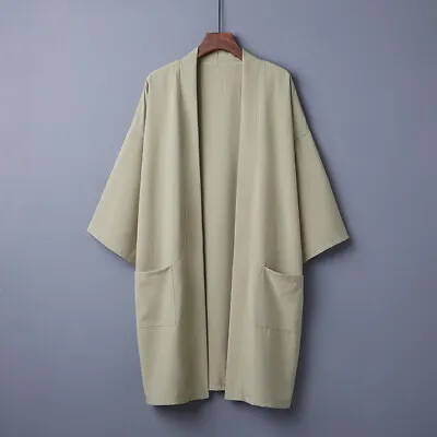 Men Japanese Coat Kimono Tops Jacket Long Cardigan Yukata Baggy Pocket Retro  • £19.85