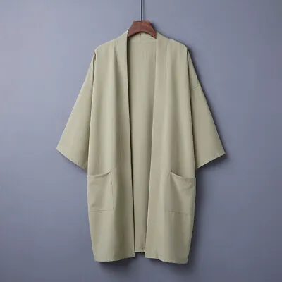 Men Loose Japanese Yukata Coat Kimono Top Long Cardigan Jacket Retro Outwear Top • £22.19