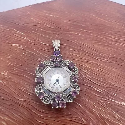 Vintage Amethyst And Marcasite With Quartz Watch Pendant Made In Thailand • $50