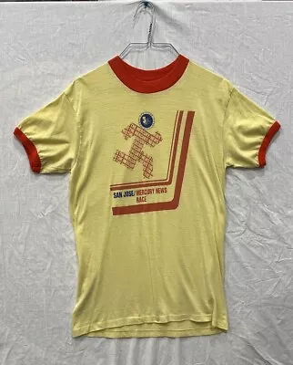 Vintage 70s Adidas Adi Dassler K.g. Ringer T-shirt 1977 Mercury News Race Yellow • $120