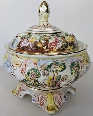 Vintage Capodimonte Lidded Pot Bowl Dish Jar Cherub Decorated 8in In Diameter • £49