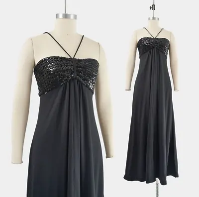 Vintage 70s Black Empire Waist Maxi Dress Sequin Halter Disco Evening Long Gown • $78