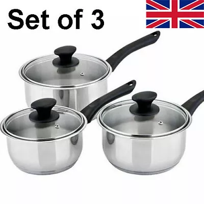 Large&Small 3 Piece Induction Pan Set Saucepan Set Cookware Pots Stainless Steel • £12.99