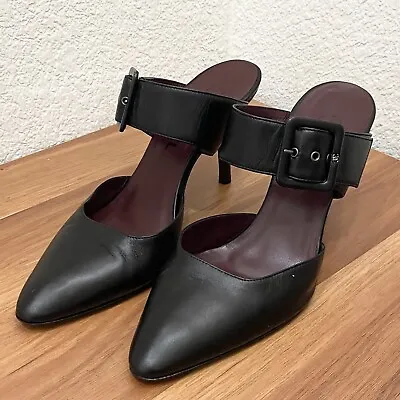 Vintage CHANEL Black Leather Interlocking CC Buckle Heeled Mules Size 38 Italy • $224.98