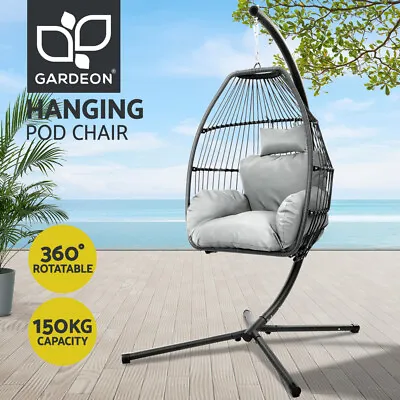 Gardeon Outdoor Egg Swing Chair Wicker Rope Furniture Pod Stand Cushion Grey • $229.95