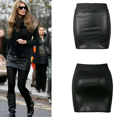 New Womens Black Pvc Wet Leather Look Mini Pencil Tube Bodycon Skirt Size 8-18 • £7.99