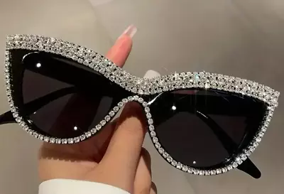 Vintage Style Cat Eye Sunglasses Bling Rhinestone Black Bling Sparkly • $8.95