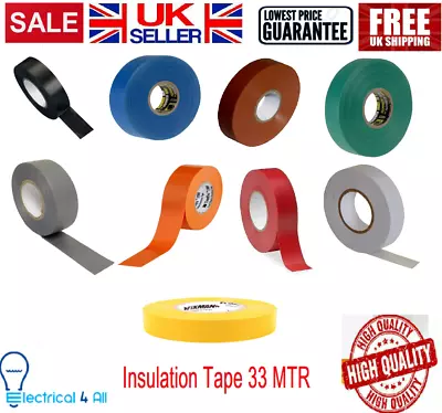 PVC Electrical Insulation Tape 33 Meter Black Blue Brown Green Grey Orange Red • £3.55