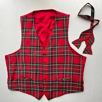 Vtg Tartan Plaid Worsted Wool Vest + Bowtie Mens 50L Red Waistcoat Christmas • $45.95