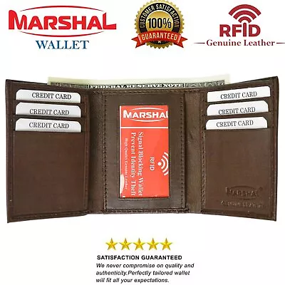 Mens Trifold Genuine Leather RFID Blocking Wallet Brown New With BOX • $14.99