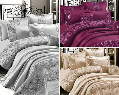 GIGI Embroidered Lace Duvet Cover Diamante Quilt Silk Satin Bedspread Bed Sets • £9.99