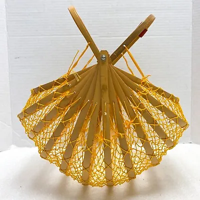 Vintage Japanese Bamboo Yellow Fishing Net Basket Folding Purse With Handles • $69.99