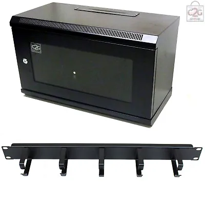 6U Black 300mm Data Mount Cabinet + Jumper Ring Tidy Bar Network Comms Wall Rack • £85.66