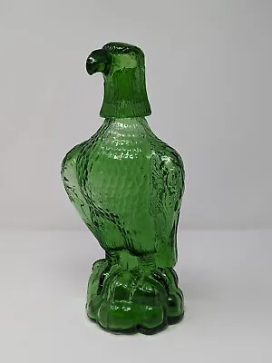 Vintage American Eagle Bird Green Glass Decanter Bottle + Shot Glass Head 11  • $20