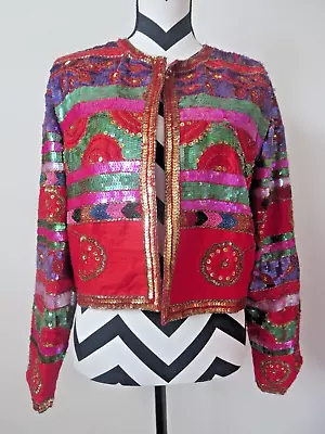 Vintage Red Cotton Sequins Beads Open Front Cardigan Top M/l • $10