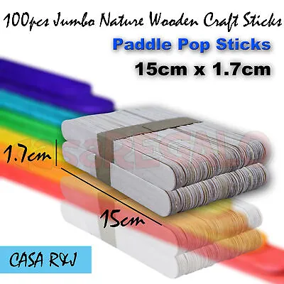 100pcs Jumbo Natural Wooden Craft Sticks Paddle Pop Sticks 15cm X 1.7cm • $4.90