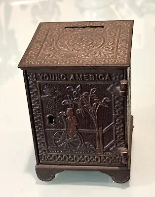 Vintage Antique Young America Cast Iron Toy Money Coin Safe  Box Piggy Bank • $276.25