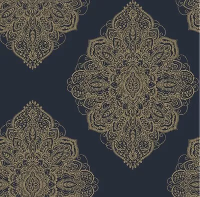 Arthouse Metallic Navy Blue Gold Wallpaper Henna Damask Shimmer Oriental 686000 • £6.99