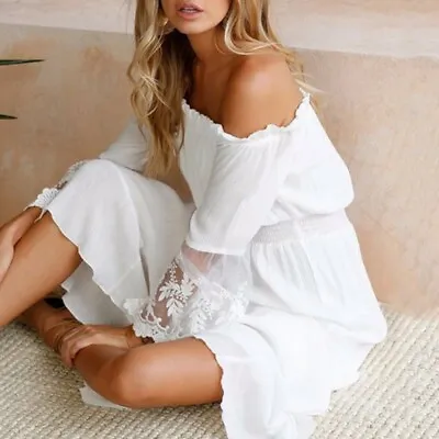$19.99 • Buy Women Summer Off Shoulder Dress Party Long Maxi Dresses Beach Sundress White