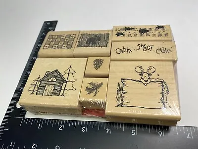 VTG 1993 Hooks Lines Inkers Wood Rubber Stamps New Christmas Moose Cabin Tree • $16