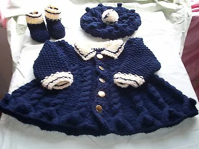 Baby Knitting Pattern  Warm  Baby Cardigan Sailor Coat Hat Boots Matinee Set. • £3.99