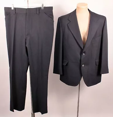 Mens VTG 70s 2 PC Navy Blue Polyester Leisure Suit Sz L 1970s Disco • $69.99