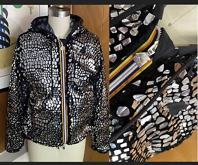 K-WAY Donna Jacket Hood Fussy Furry Glitter Black Silver Sz 8 S Fty# 38083 • $140