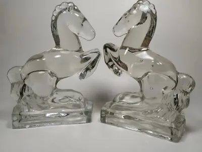 Rearing Horse Clear Glass Desk Bookends Set L.E. Smith Equestrian Stallion 1940s • $27.95