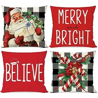 $41 • Buy PANDICORN Buffalo Plaid Christmas Pillow Covers 18x18 Set Of 4 Vintage Santa ...