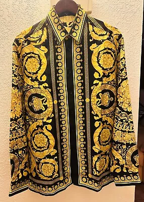 Pre Owned VERSACE Barocco SILK Shirt! Black & GOLD Size 50 Or L Regular • $550