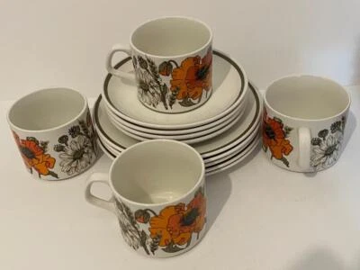 £12.50 • Buy Vintage J & G Meakin Poppy 4 X Trios  Cups Saucers & Side Plates