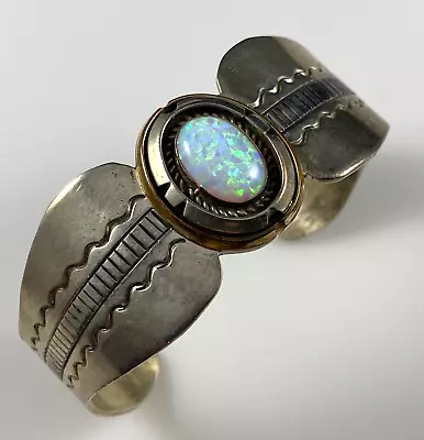 MM Signed Native American Cuff Bracelet Sterling Silver Opal Vintage 44.3g • $66