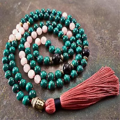 8mm Knotted Malachite 108 Beads Handmade Tassel Necklace Japa Mala Chakra • $11.63