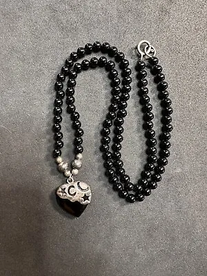 12.9g Vintage Sterling Silver 925 Beaded Onyx Heart Necklace 17” Jewelry Lot V • £10.21
