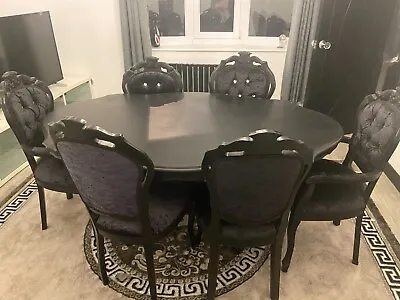 £400 • Buy French Louis Style Dining Table 6 Chairs 2 Carver Black & Silver Diamanté Stones