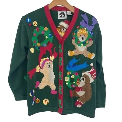 Vintage Storybook Knits Teddy Bear Christmas Cardigan Sweater Women Medium Green • $38.39