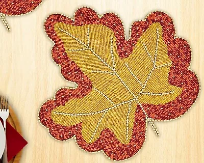 Set Of 2 Christmas Handmade Beaded Placemat Maple Leaf Mat Table Centrepiece • $49.20