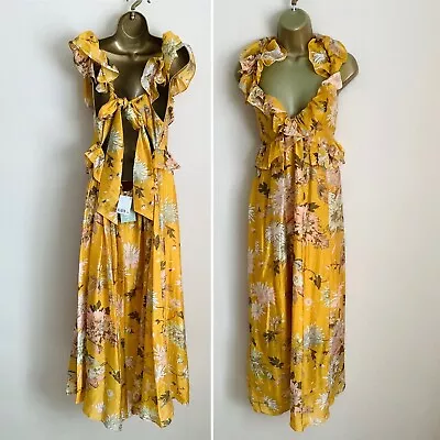 H&M LYOCELL-BLEND FLOUNCED YELLOW FLORAL Midaxi Dress Size L 12-14-16 BNWTS • £39