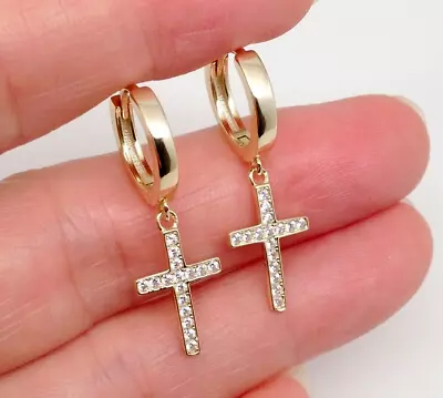 Easter Gift 14K Gold Plated Lab Created Diamond Dangle Huggie Cross Earrings • $145